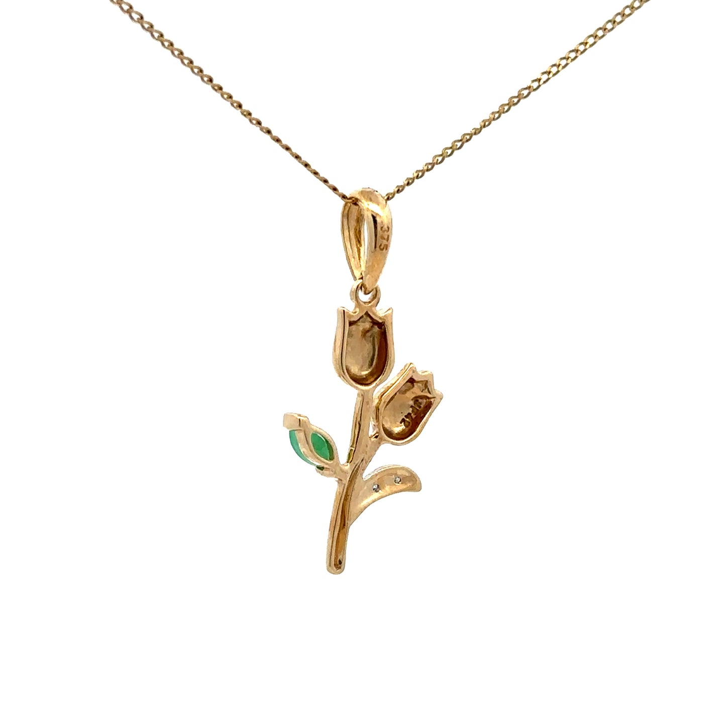 9Ct Yellow Gold Emerald & Diamond Set Tulip Flower Pendant