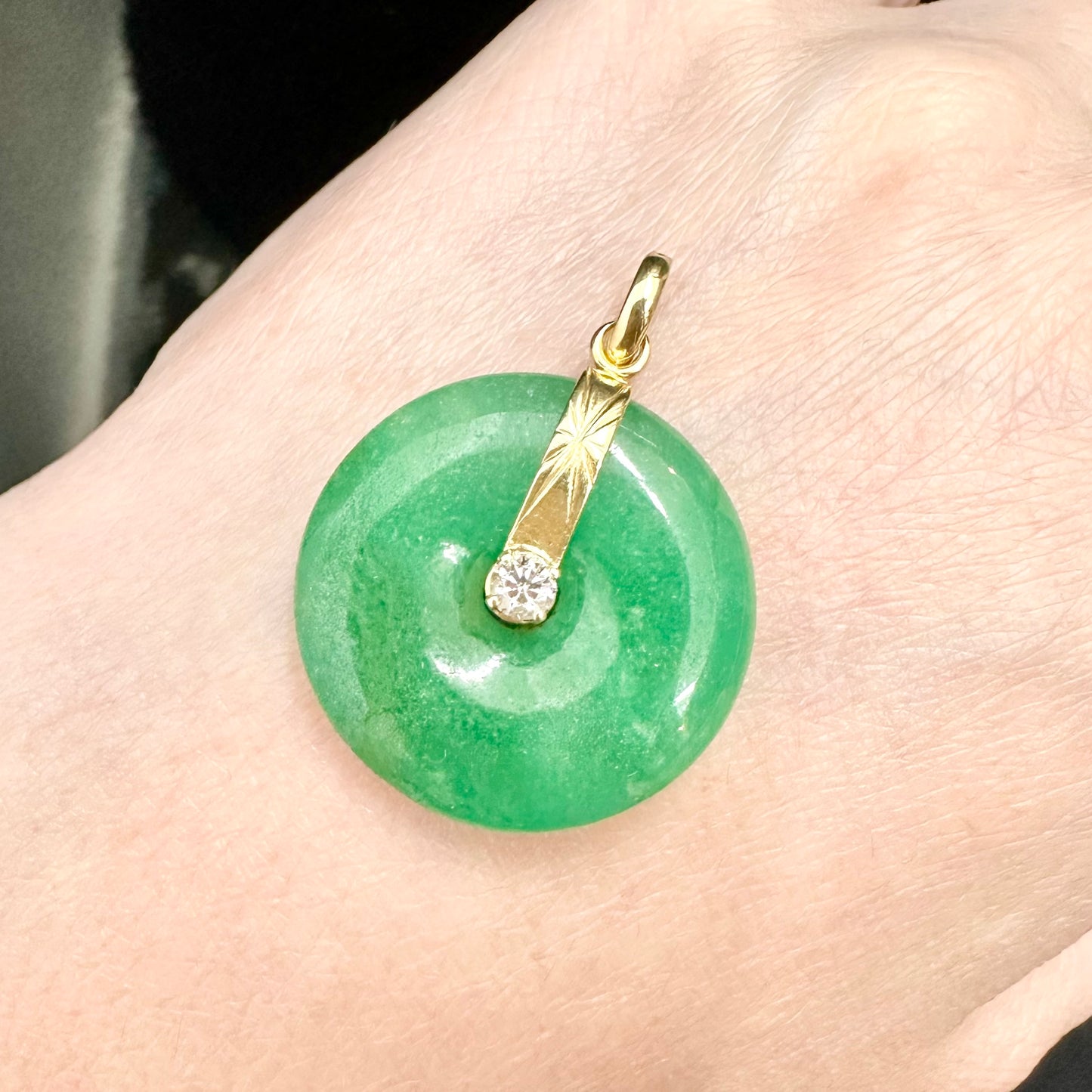 18Ct Yellow Gold Natural Jadeite and 0.17Ct TW Diamond Pi Disc Pendant