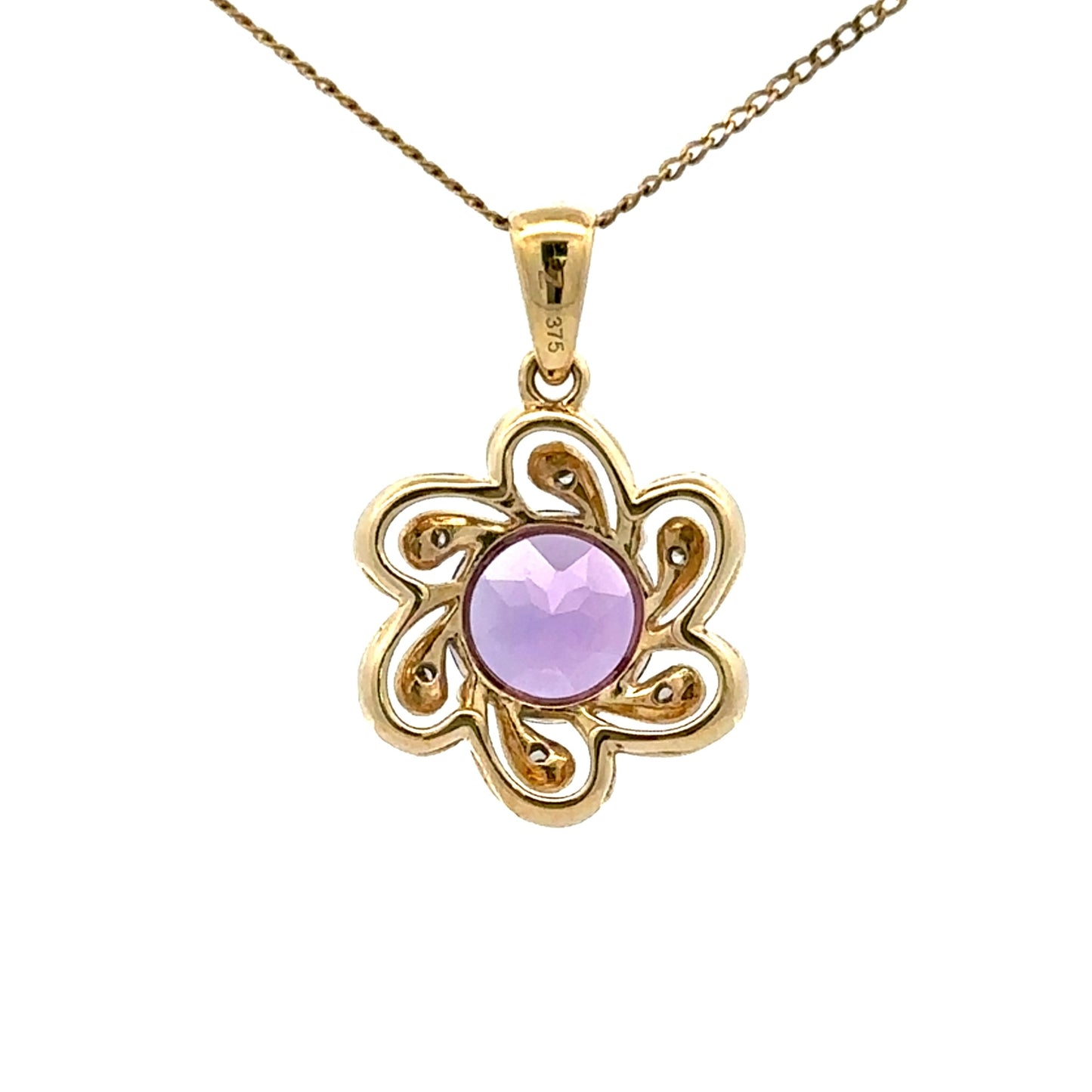 9Ct Yellow Gold Amethyst & Diamond Set Flower Pendant