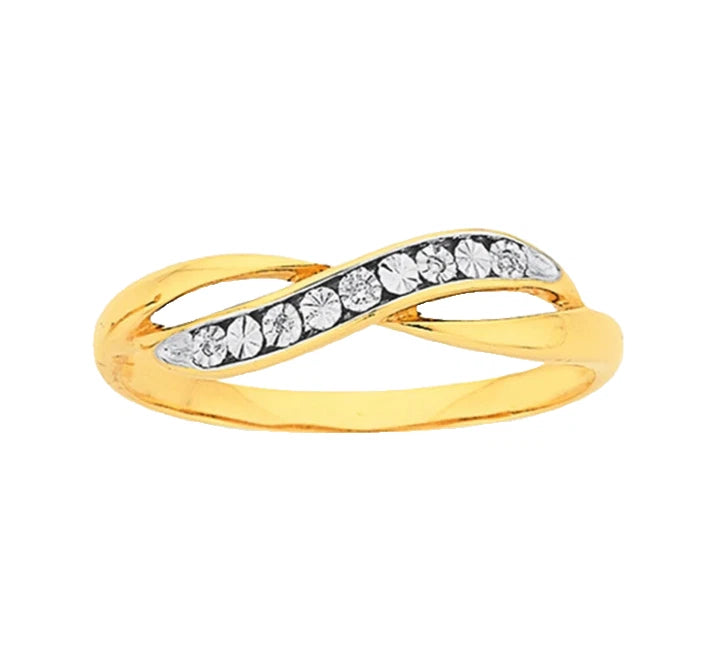 9Ct Yellow Gold Miracle Set Diamond Accent Crossover Ring Sz O