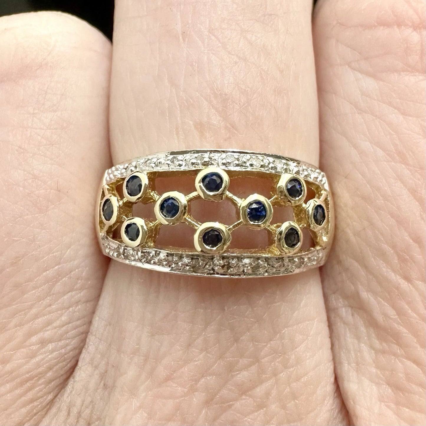 9Ct Yellow Gold Sapphire & Diamond Band Ring Sz M 1/2
