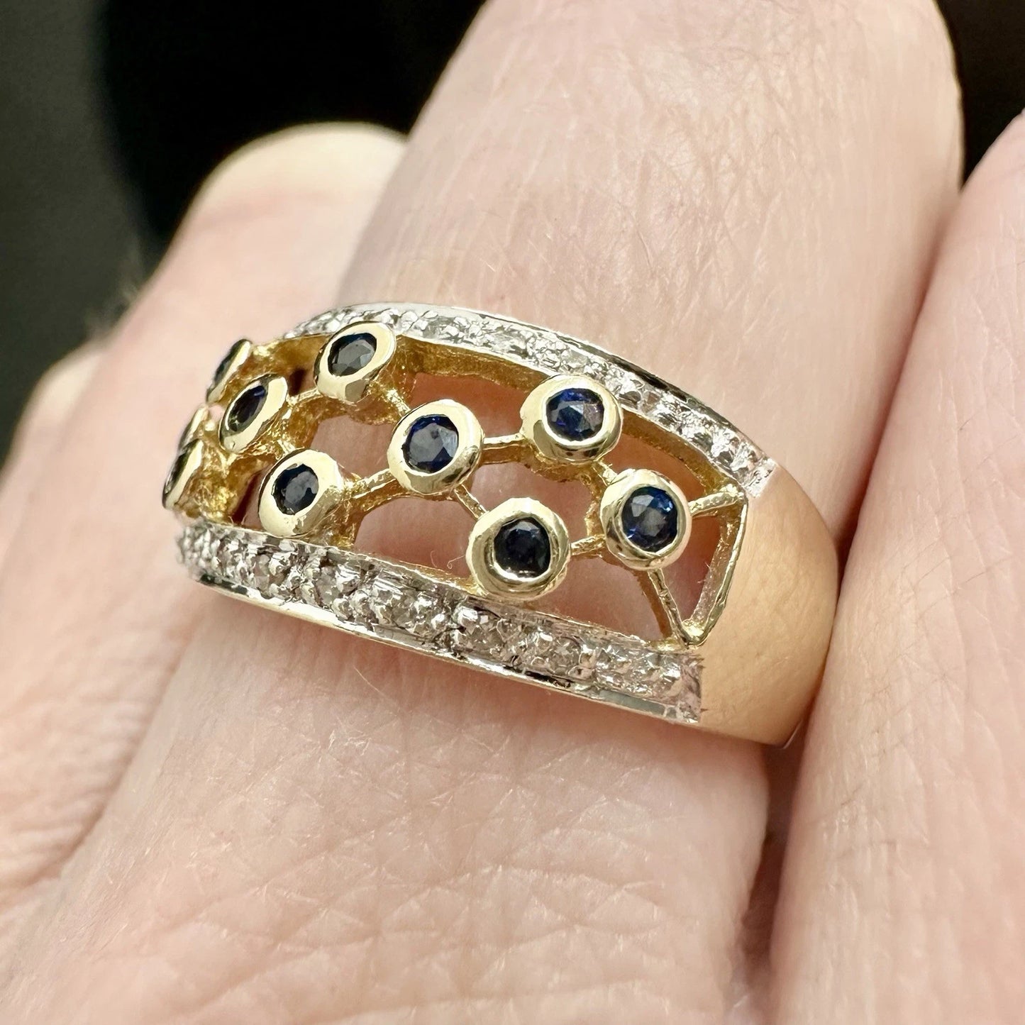 9Ct Yellow Gold Sapphire & Diamond Band Ring Sz M 1/2