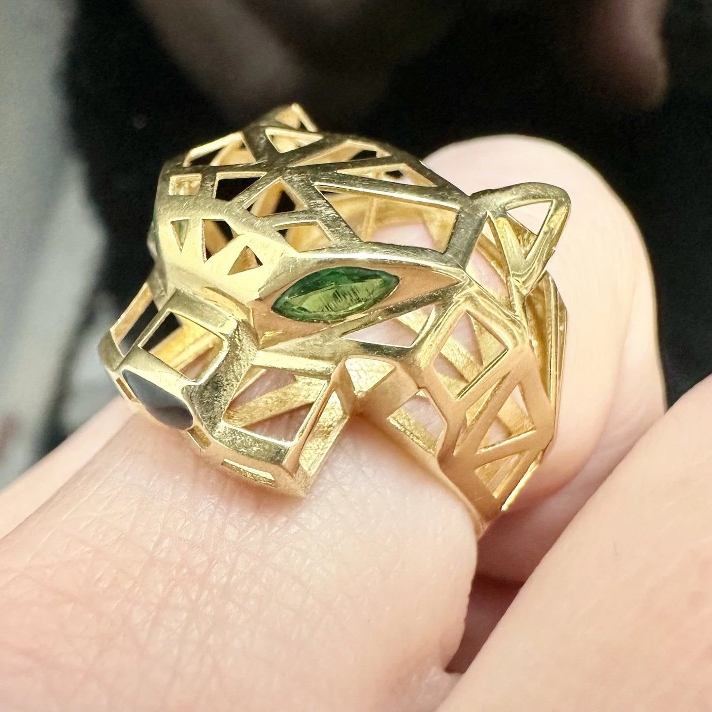 18Ct Yellow Gold Created Emerald & Black Resin Set Panther Ring