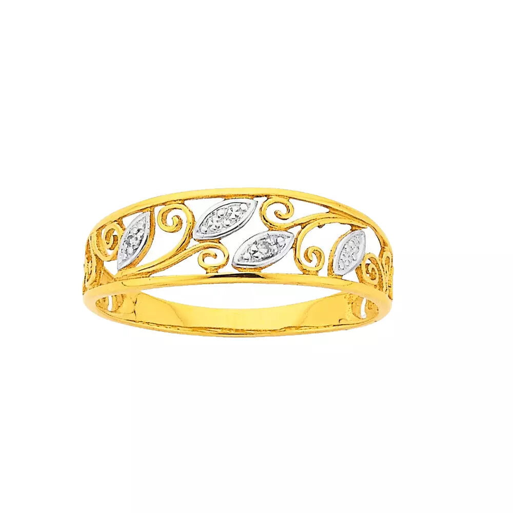 9Ct Two-Toned Gold and Diamond Filigree Leaf Band Ring Sz O