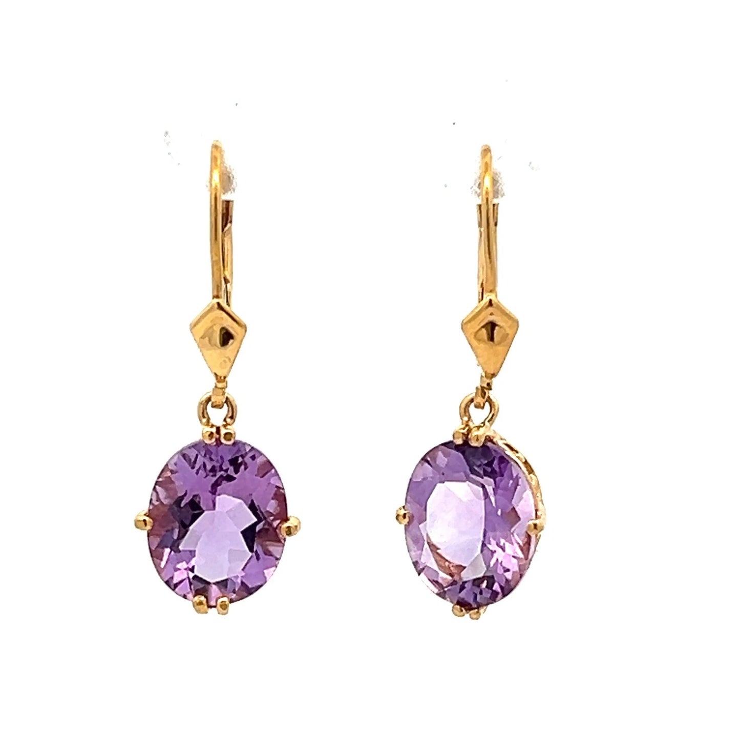 14Ct Yellow Gold Created Amethyst Dangle/Drop Lever Earrings