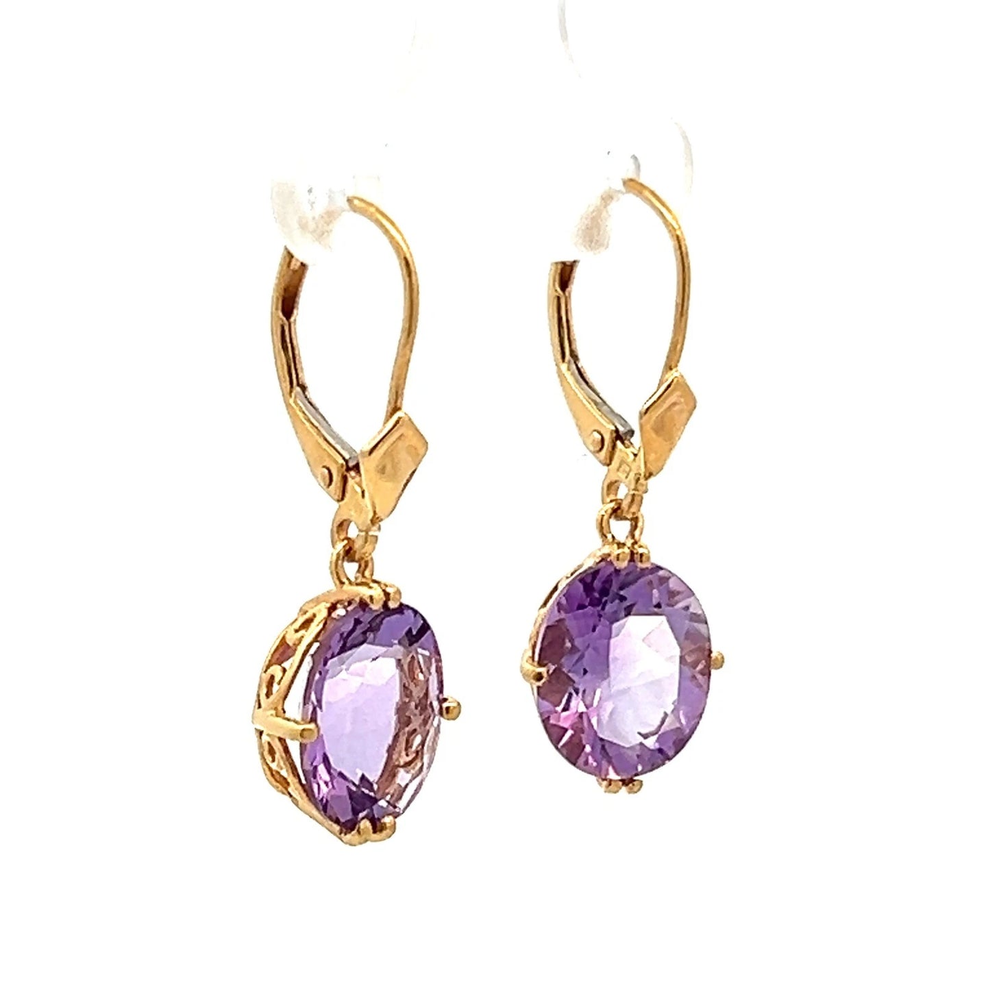 14Ct Yellow Gold Created Amethyst Dangle/Drop Lever Earrings