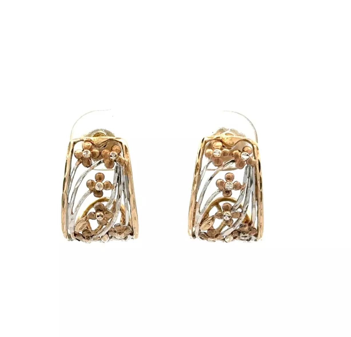 9Ct Multi-Toned Gold Floral Openwork Half Hoop Stud Earrings