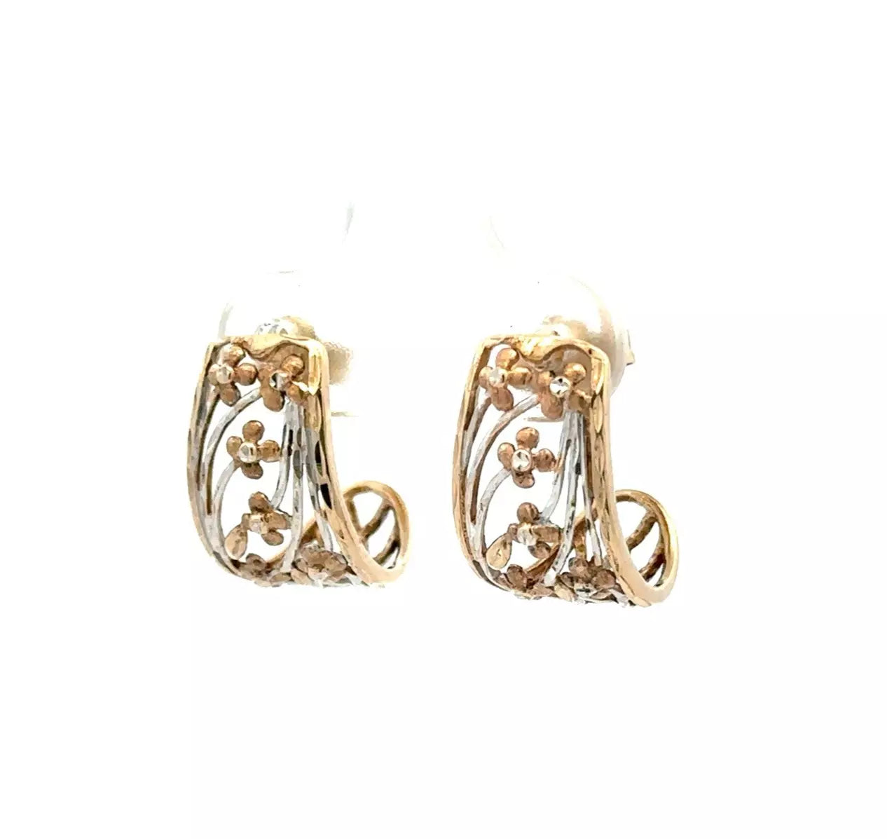 9Ct Multi-Toned Gold Floral Openwork Half Hoop Stud Earrings