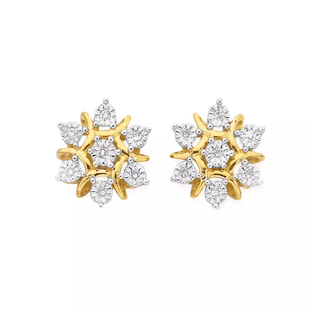 9Ct Yellow Gold Diamond Snowflake Stud Earrings