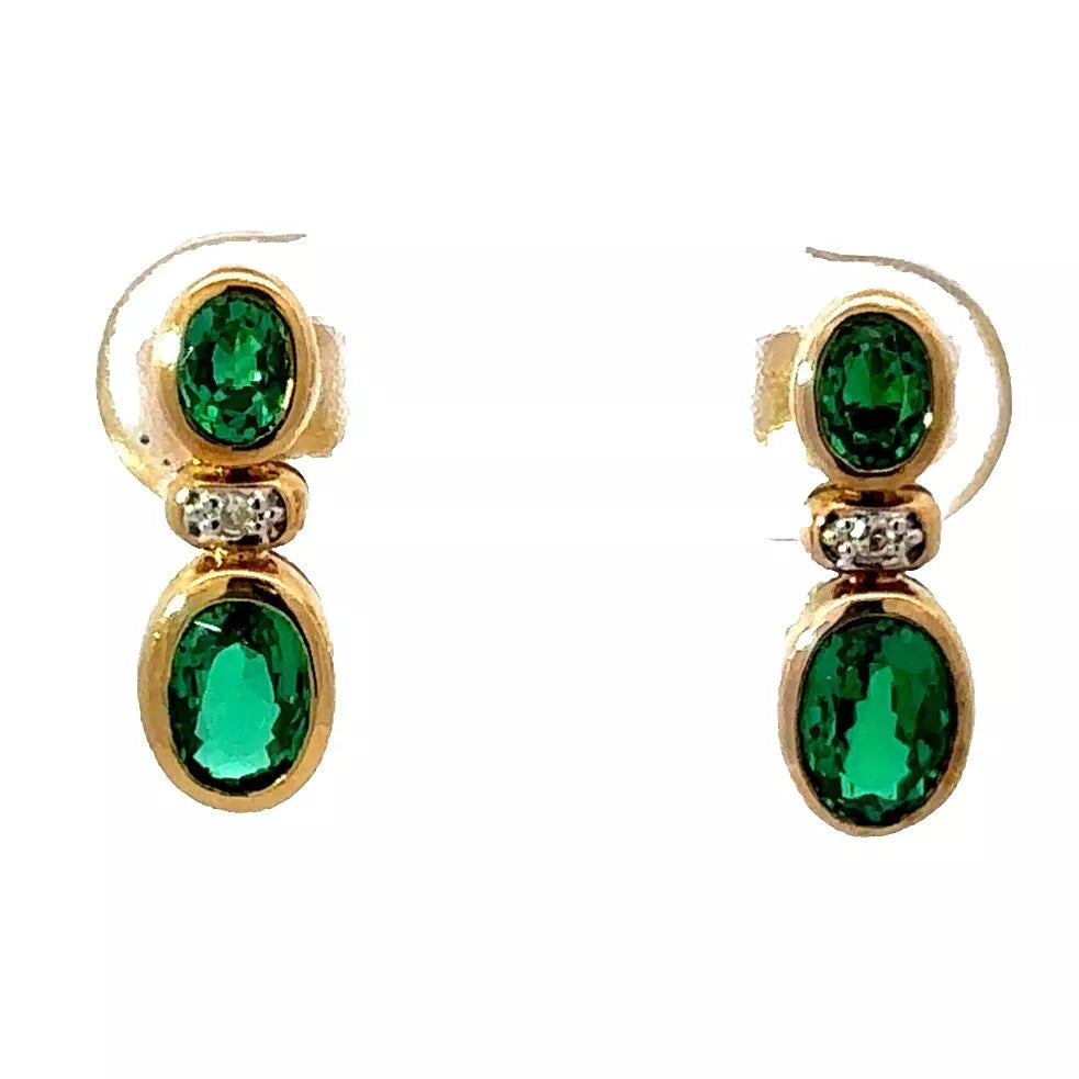 9Ct Yellow Gold Created Emerald & Diamond Set Earrings