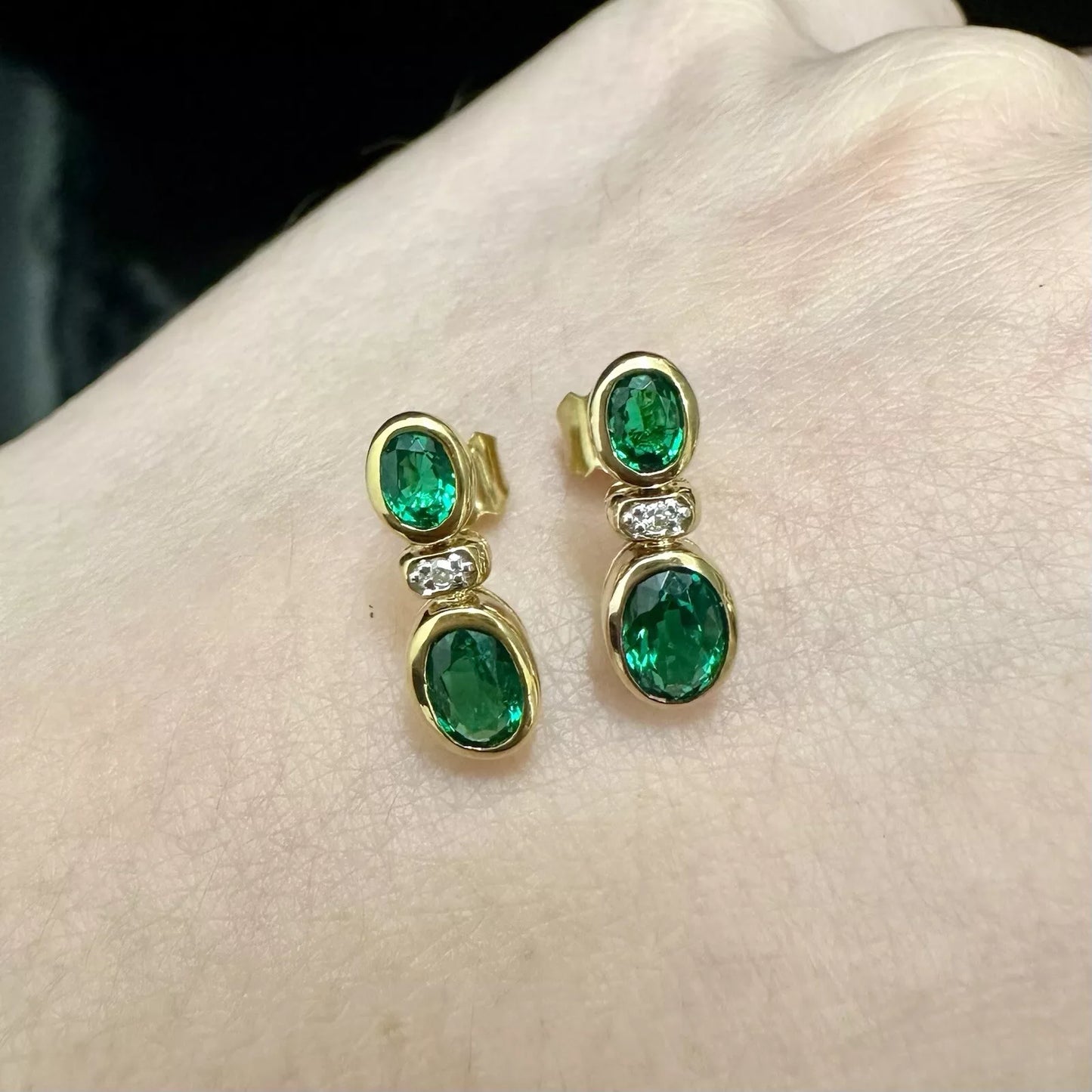 9Ct Yellow Gold Created Emerald & Diamond Set Earrings