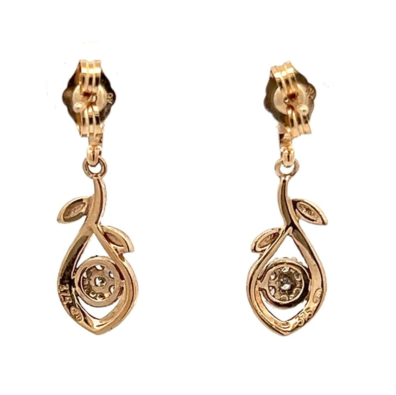 9Ct Yellow Gold Floral Diamond Dangle/Drop Earrings