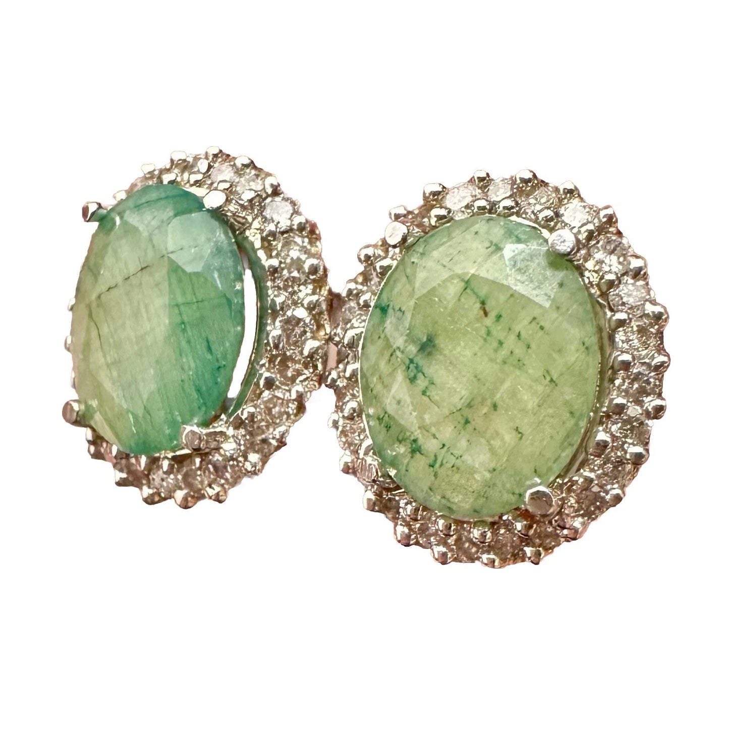 18Ct White Gold Checkerboard Cut Green Sapphire Stud Earrings