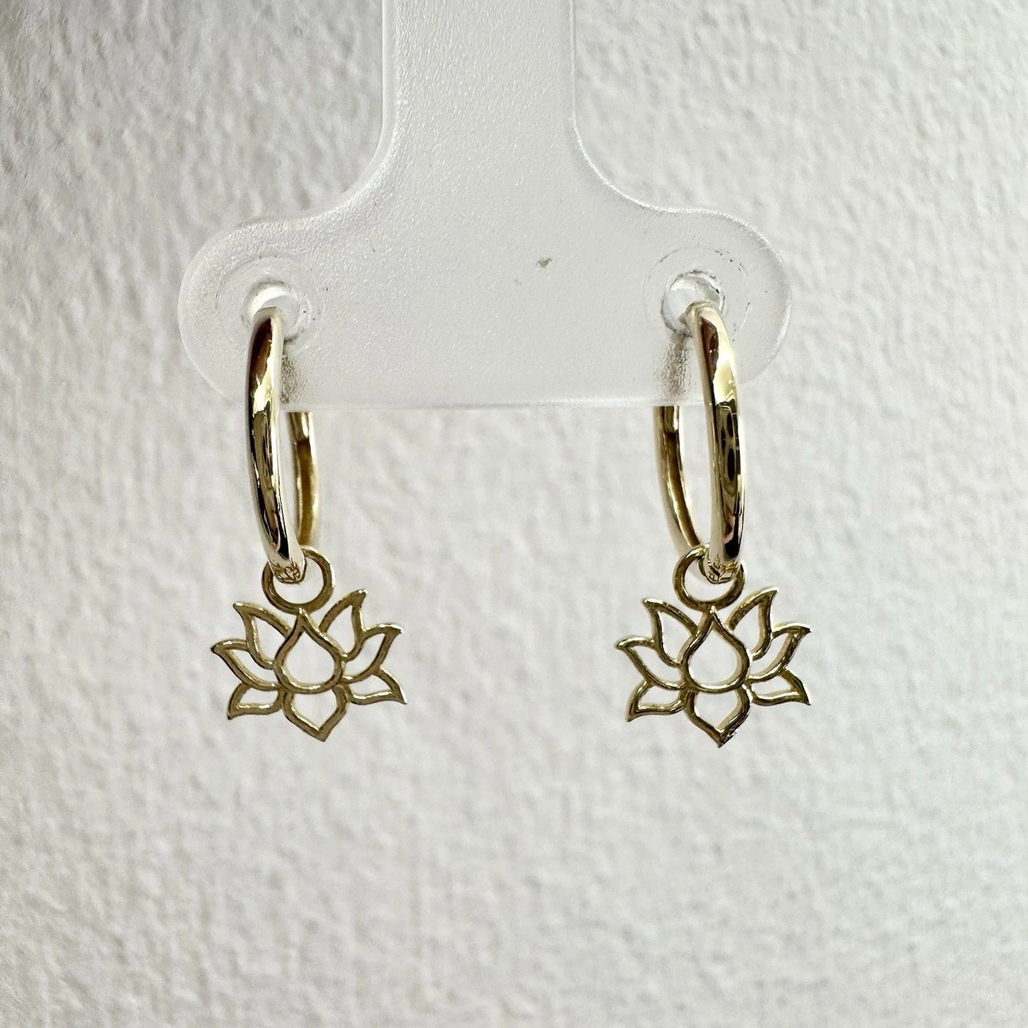 9Ct Yellow Gold Lotus Huggie Hoop Drop Earrings