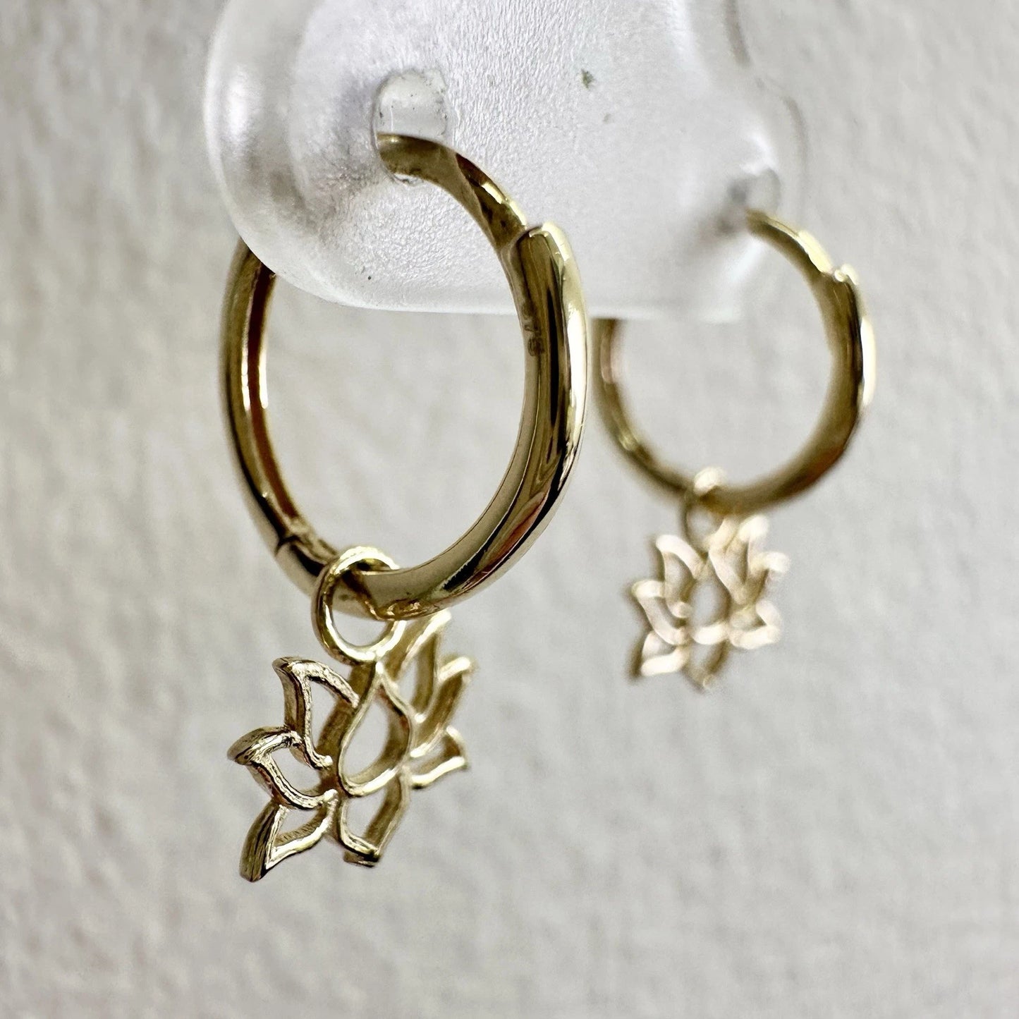 9Ct Yellow Gold Lotus Huggie Hoop Drop Earrings