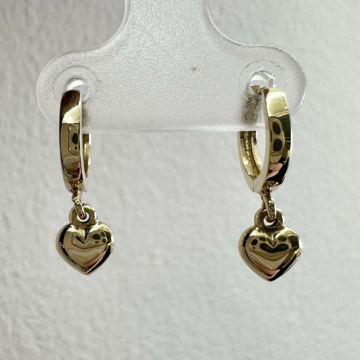 9Ct Yellow Gold Heart Huggie Hoop Drop Earrings