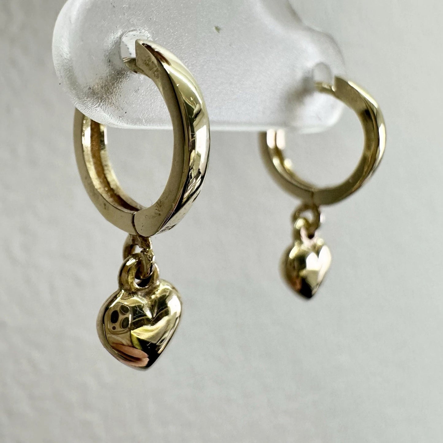 9Ct Yellow Gold Heart Huggie Hoop Drop Earrings