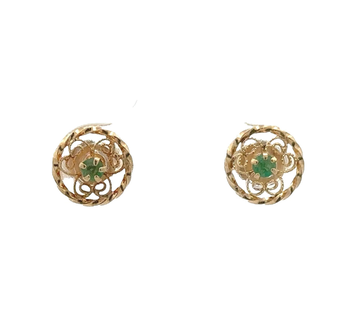 14Ct Yellow Gold Filigree Emerald Stud Earrings