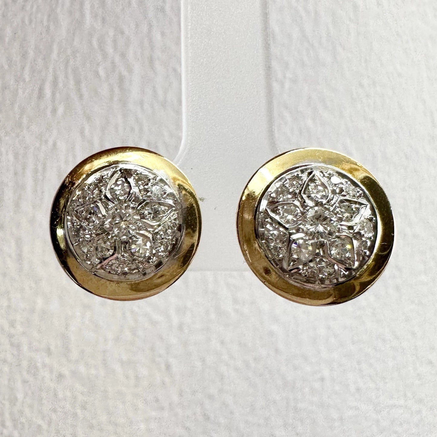14Ct Two-Toned Gold Diamond Disc Stud Earrings
