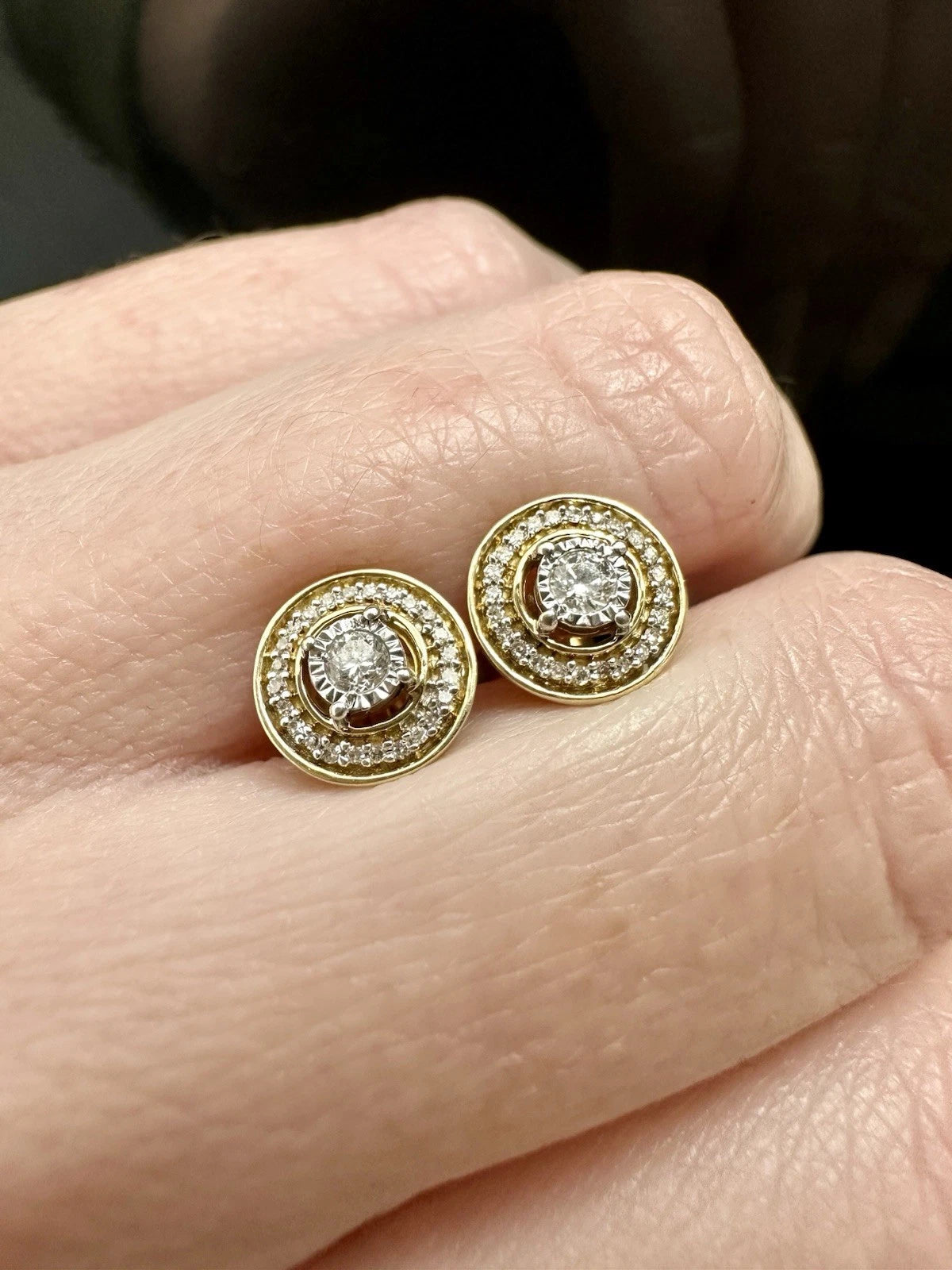 10Ct Yellow Gold .25 Carat Diamond Halo Stud Earrings Sterling Silver Set