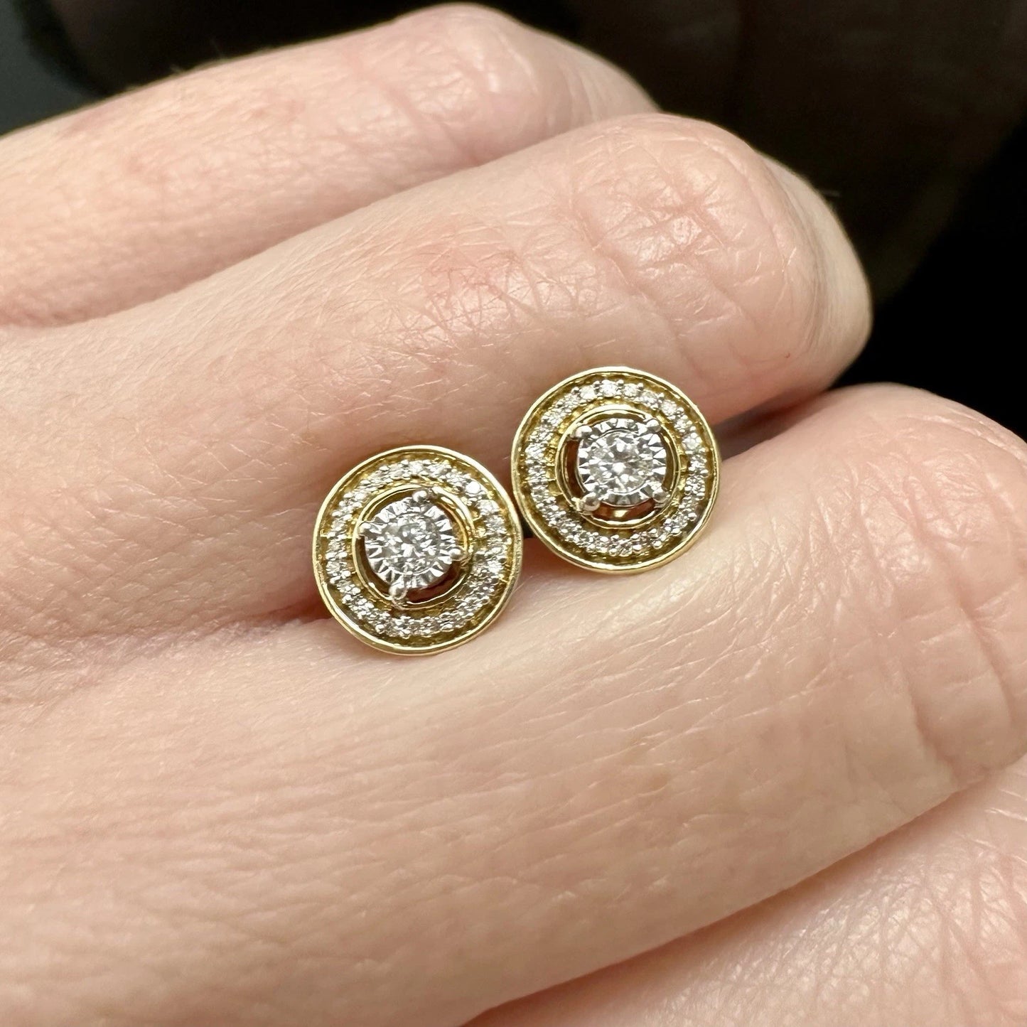 10Ct Yellow Gold .25 Carat Diamond Halo Stud Earrings Sterling Silver Set