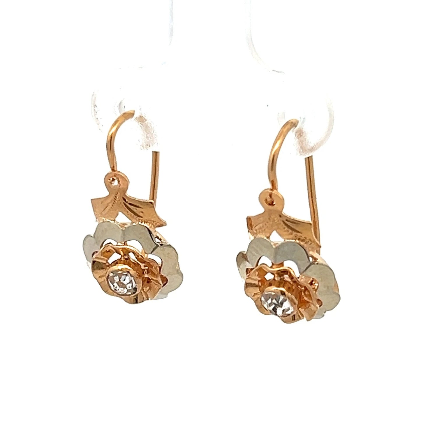 18Ct Two-Toned Gold Vintage CZ Lever Earrings