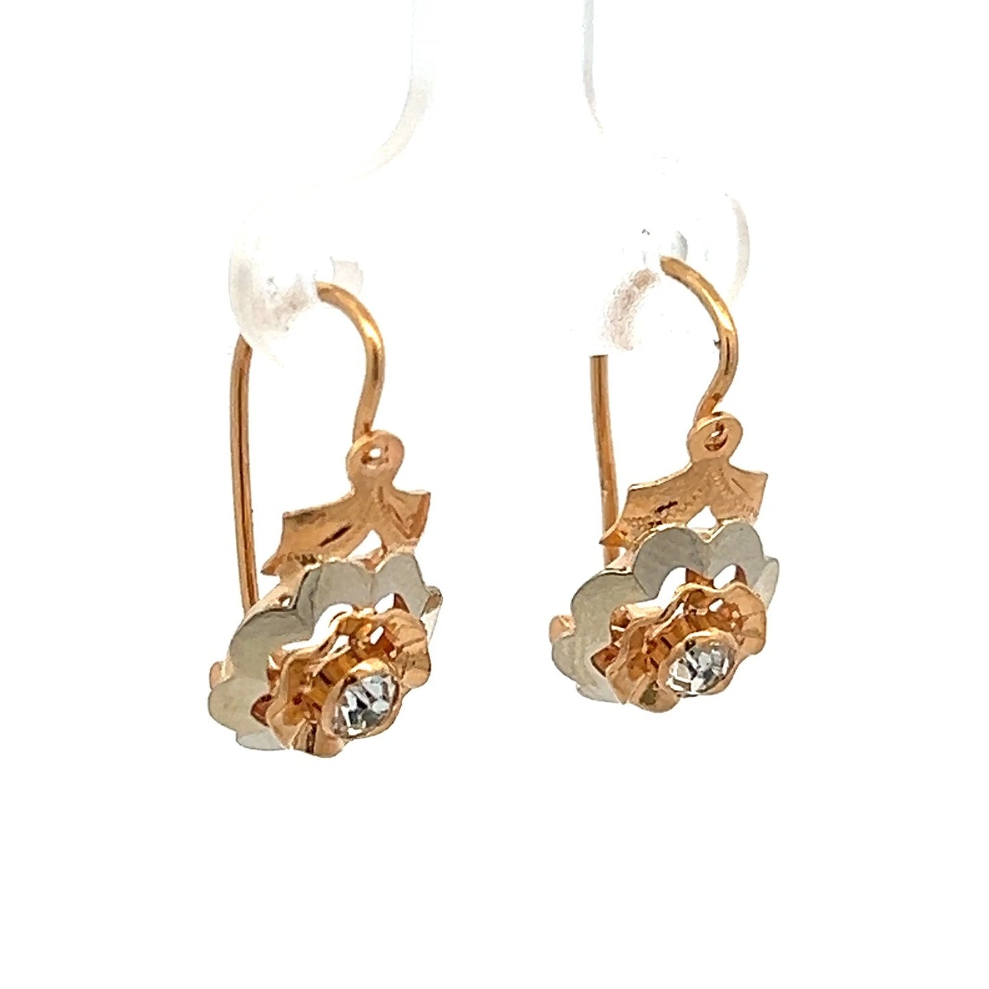 18Ct Two-Toned Gold Vintage CZ Lever Earrings