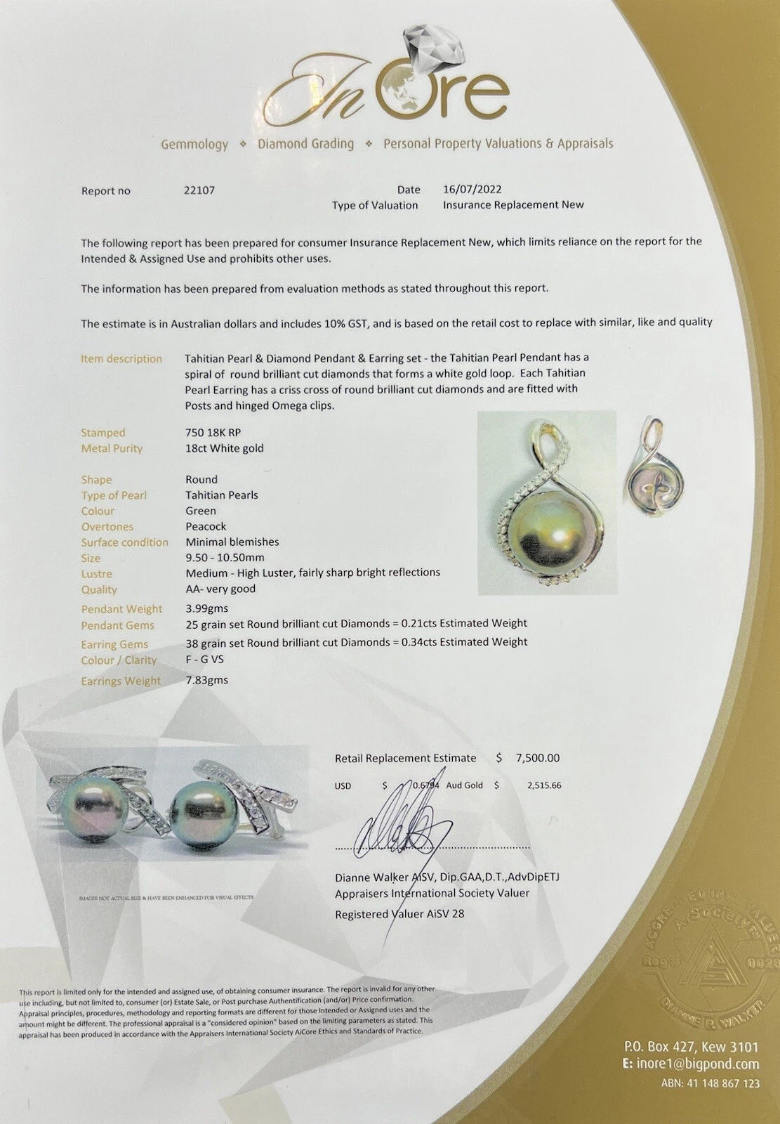 18Ct White Gold Diamond & Tahitian Pearl Pendant & Earring Set - 0.55 Carat TDW