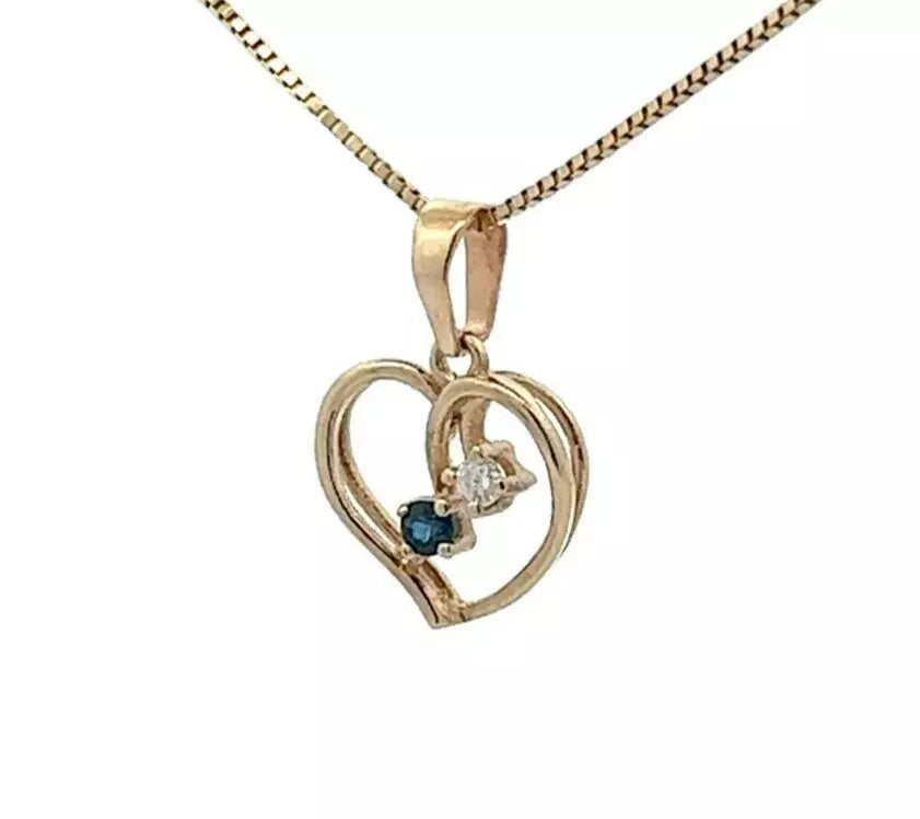 9Ct Yellow Gold Diamond & Blue Stone Heart Pendant