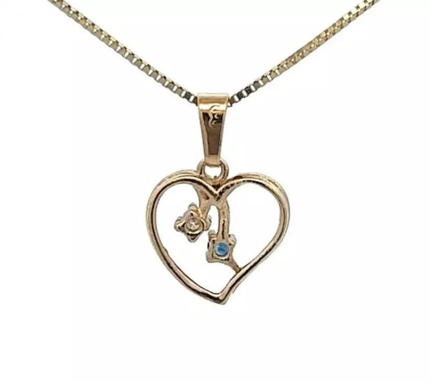 9Ct Yellow Gold Diamond & Blue Stone Heart Pendant
