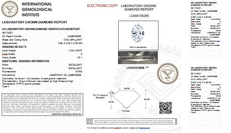 Certified Oval Cut 0.34 Carat IGI Lab Created Grown Loose Diamond D/VS 1
