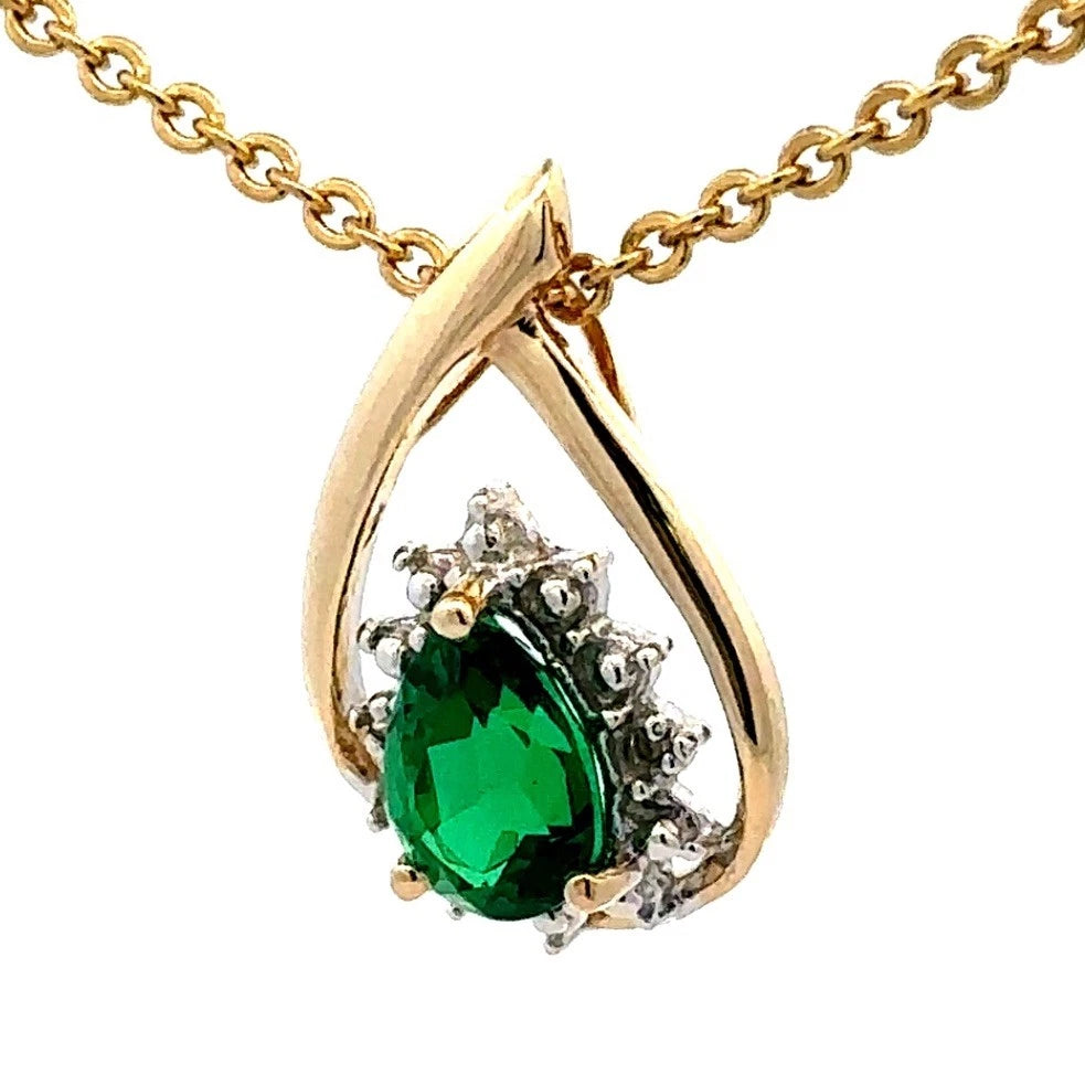 9Ct Yellow Gold Pear Cut Created Emerald Pendant