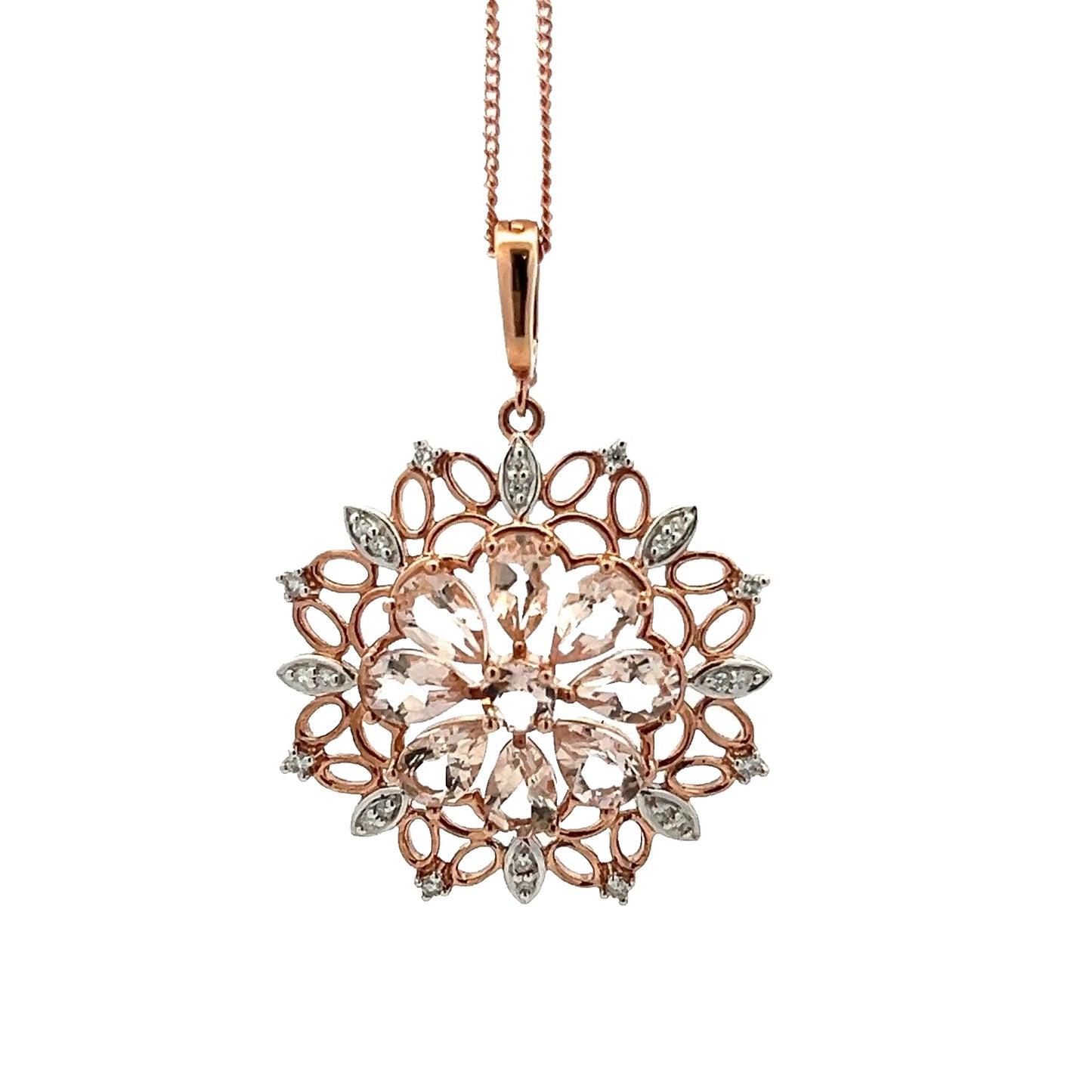9Ct Rose Gold Morganite & Diamond Accent Floral Enhancer 60cm Trace Necklace