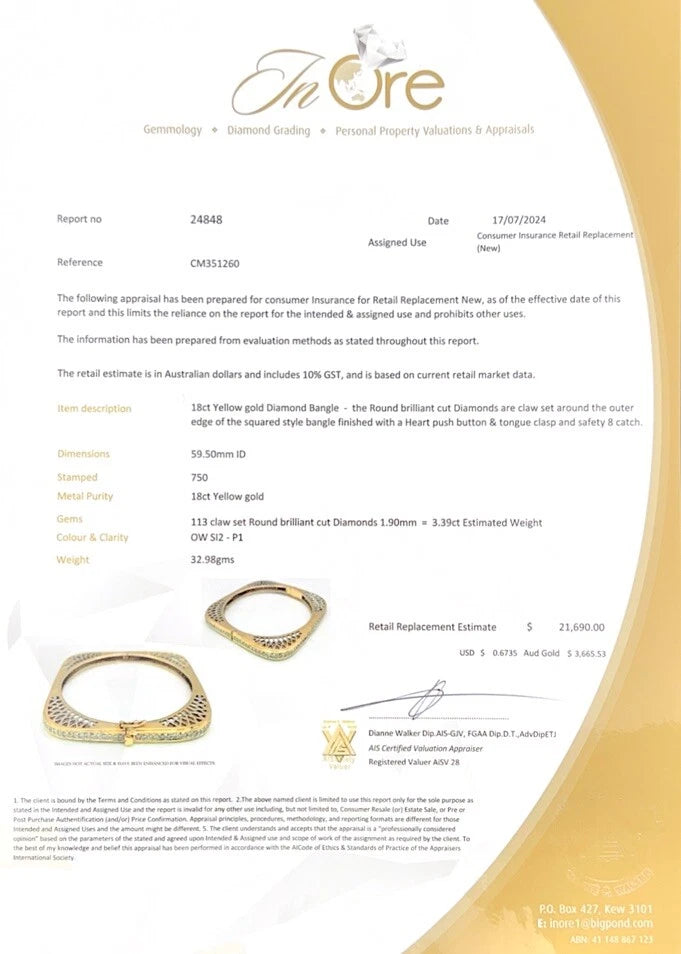 18Ct Yellow Gold 3.39 Carat TW Diamond Hinged Squared Art Deco Bangle