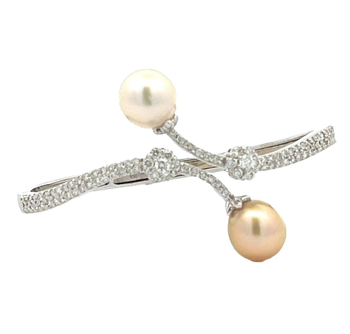 18Ct White Gold South Seas Pearl & 1.36 Carat TW Diamond Accent Hinged Bangle