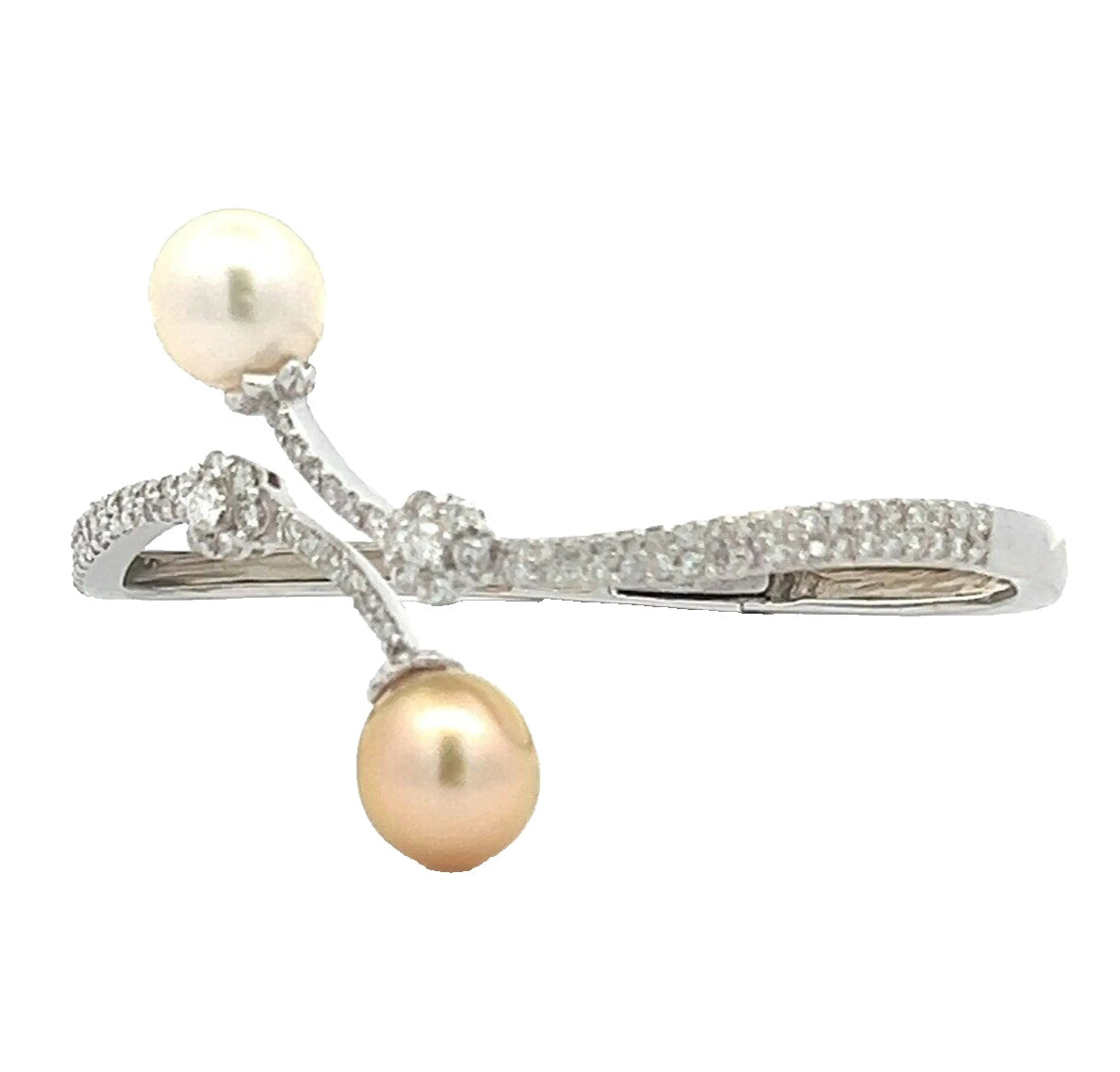 18Ct White Gold South Seas Pearl & 1.36 Carat TW Diamond Accent Hinged Bangle
