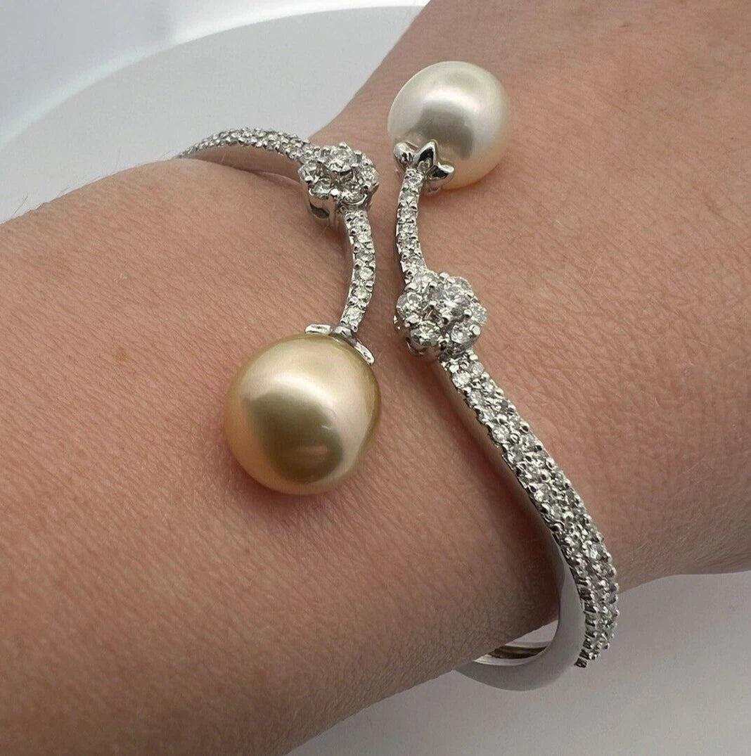 18Ct White Gold South Seas Pearl & 1.36 Carat TW Diamond Accent Hinged Bangle