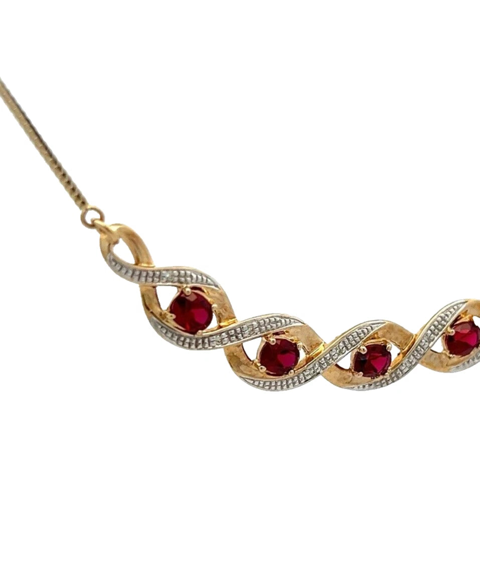 9Ct Yellow Gold Created Ruby & Diamond Accent 45cm Ribbon Twist Necklace