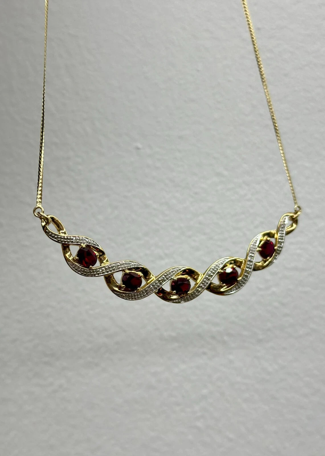 9Ct Yellow Gold Created Ruby & Diamond Accent 45cm Ribbon Twist Necklace