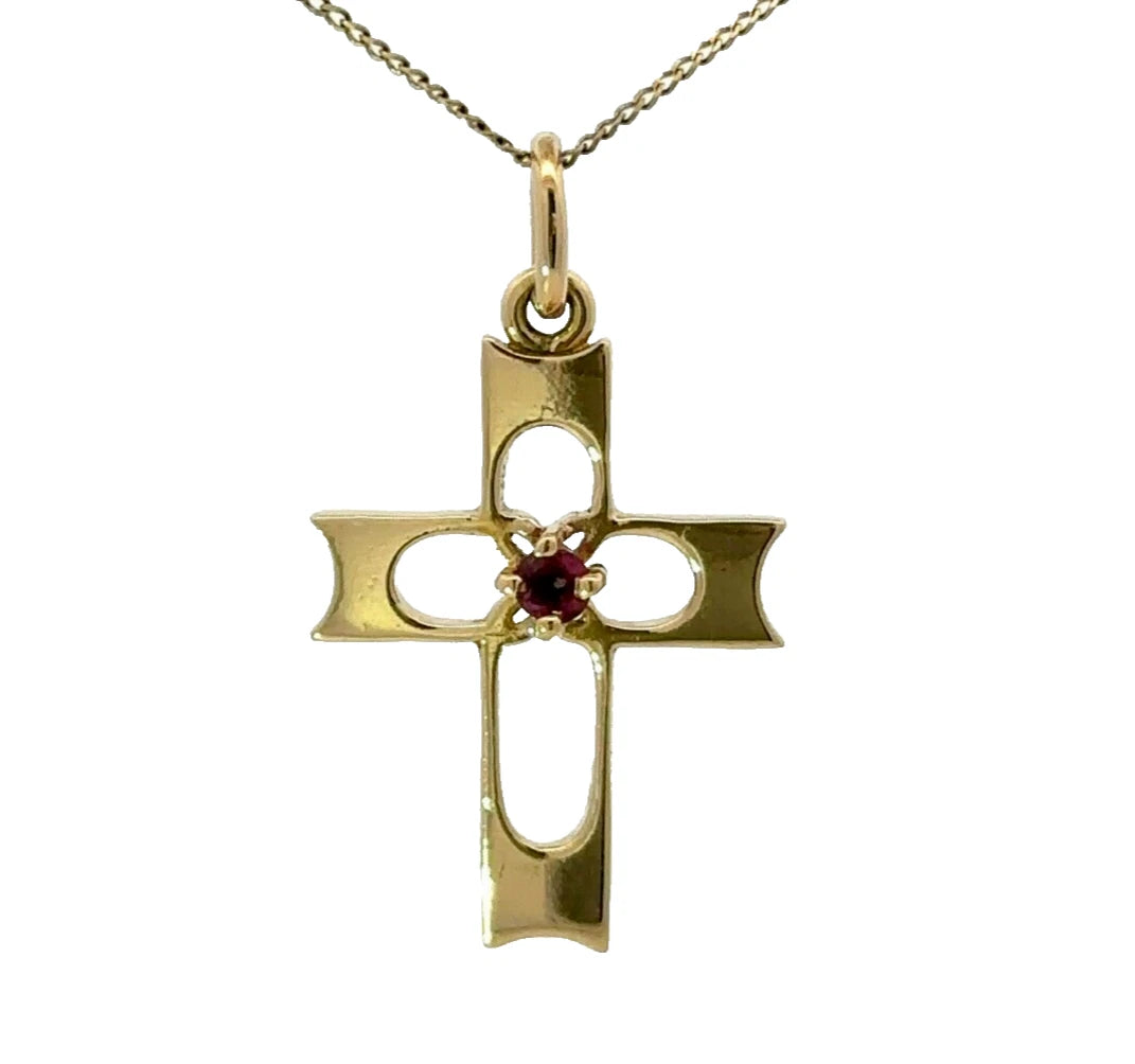 18Ct Yellow Gold Rhodolite Garnet Accent Cross Charm Pendant