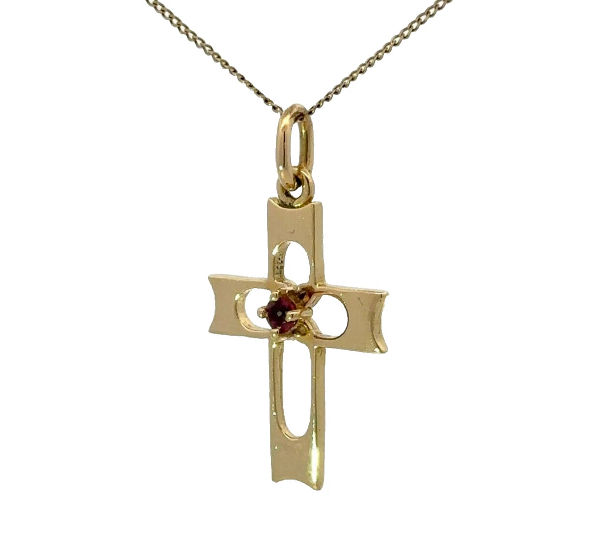 18Ct Yellow Gold Rhodolite Garnet Accent Cross Charm Pendant
