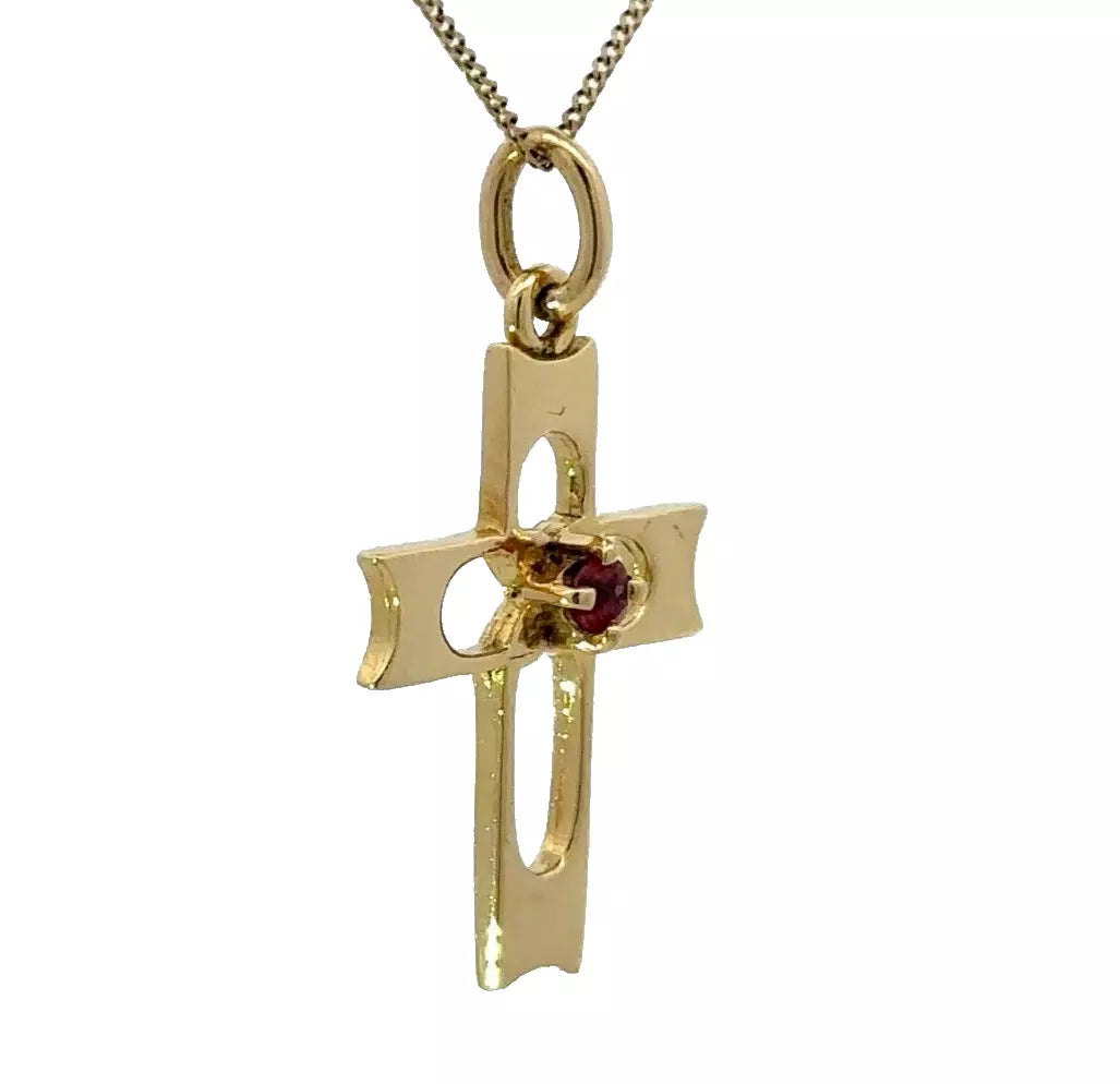 18Ct Yellow Gold Rhodolite Garnet Accent Cross Charm Pendant
