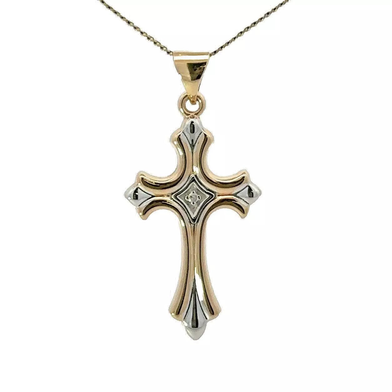 9Ct Two-Toned Gold Diamond Accent Cross Charm Pendant