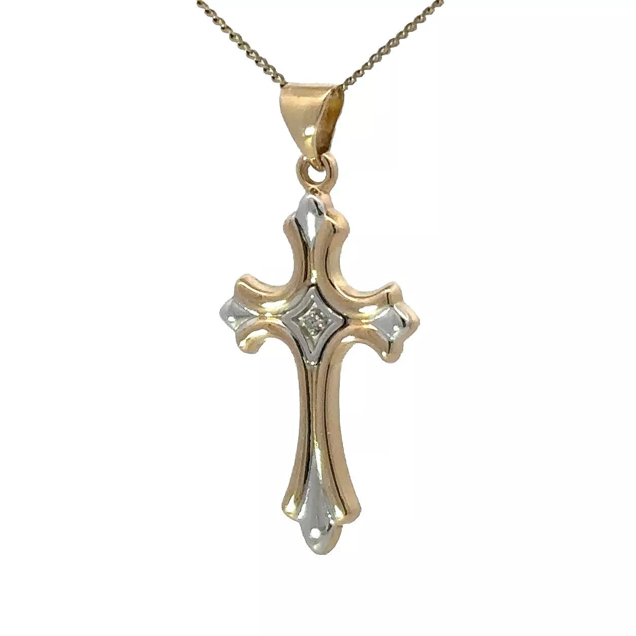 9Ct Two-Toned Gold Diamond Accent Cross Charm Pendant