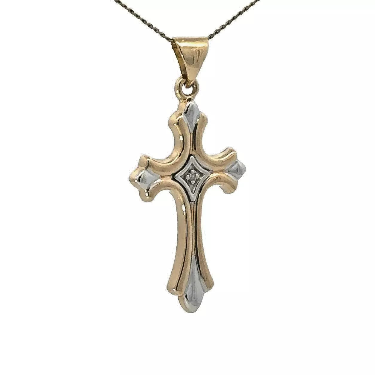 9Ct Two-Toned Gold Diamond Accent Cross Charm Pendant
