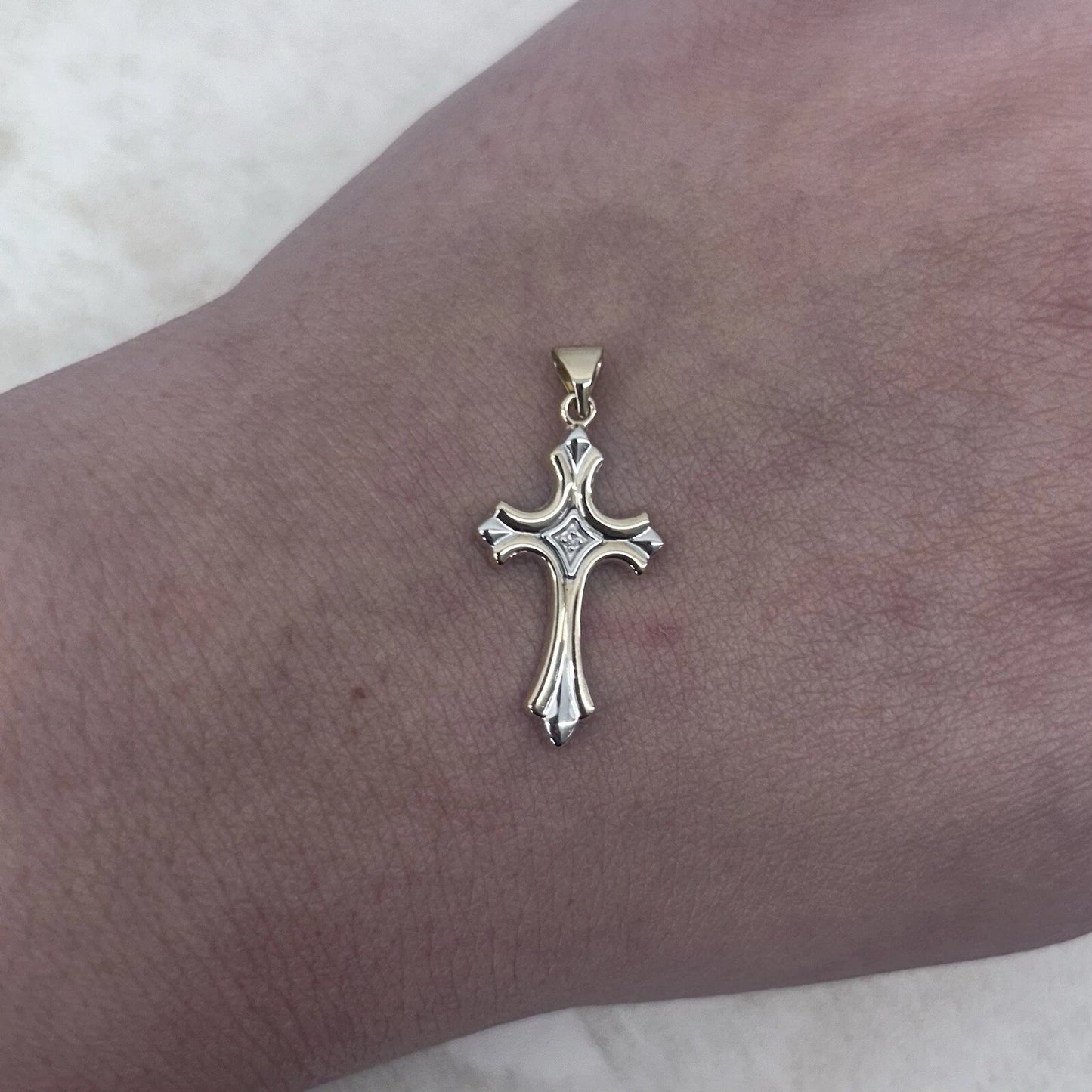9Ct Two-Toned Gold Diamond Accent Cross Charm Pendant