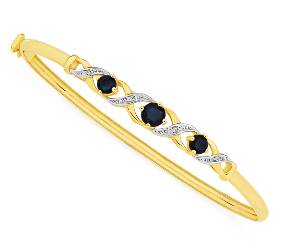 9Ct Yellow Gold, Sapphire and Diamond Hinged Bangle