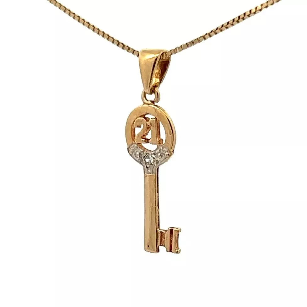9Ct Yellow Gold '21' Diamond Accent Key Pendant