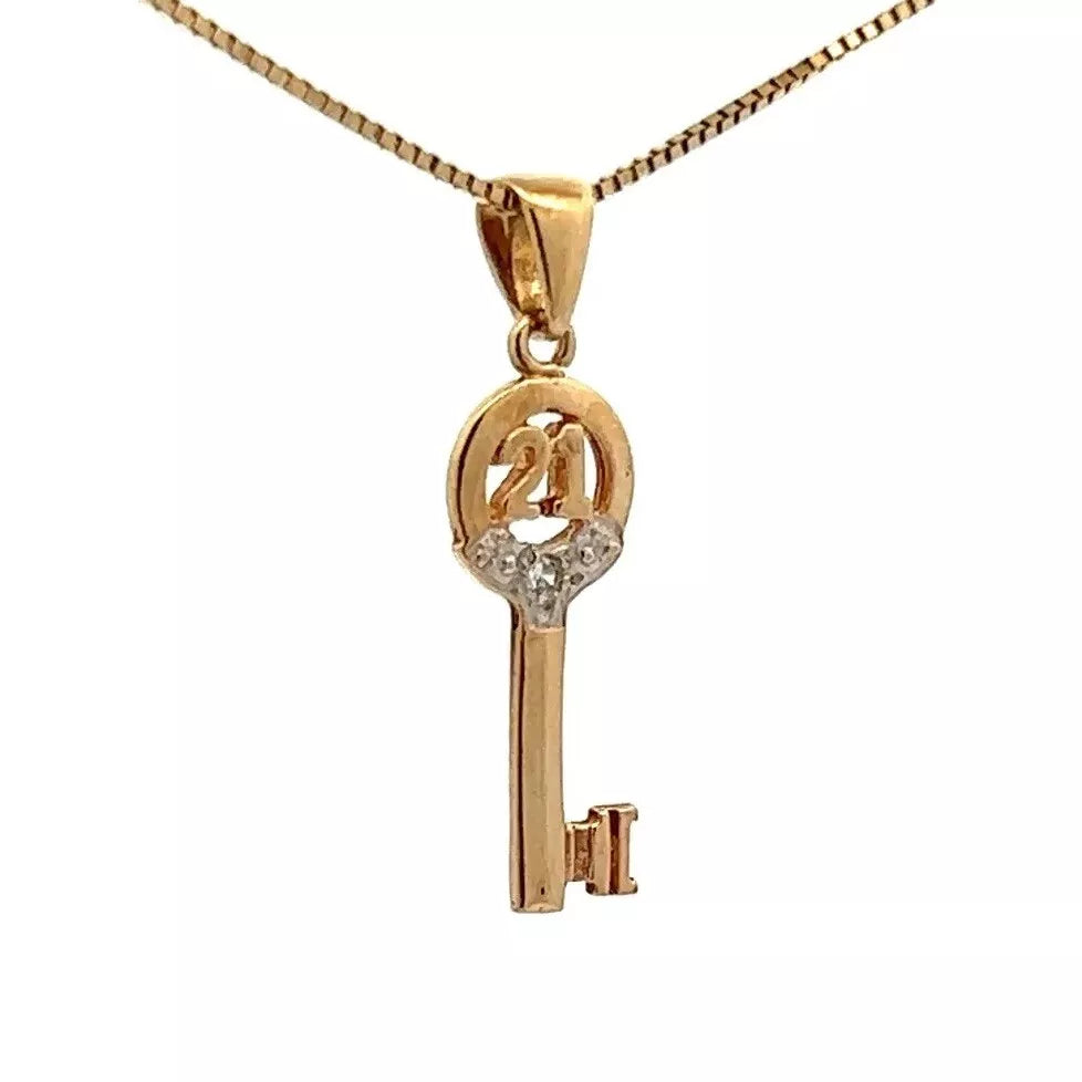 9Ct Yellow Gold '21' Diamond Accent Key Pendant