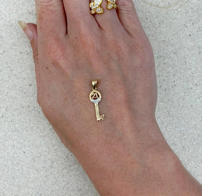 9Ct Yellow Gold '21' Diamond Accent Key Pendant